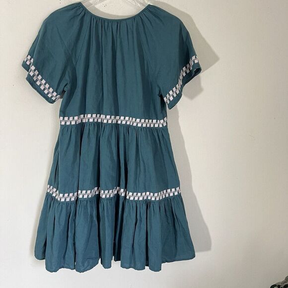 MADEWELL Embroidered Linen-Blend Flutter-Sleeve Tiered Dress Sz XXS green - Picture 5 of 6